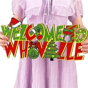 Whoville Christmas Door Hanging Sign, Grinch-Themed Welcome Decor for Indoor/Out